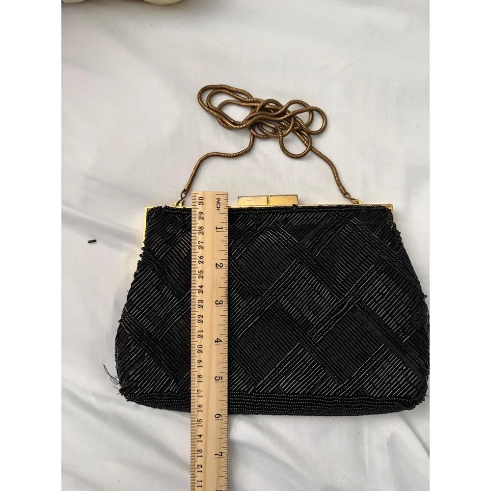 Vintage Marshall‎ Fields Black Beaded Clutch Hand Made Evening Bag Gold Chain